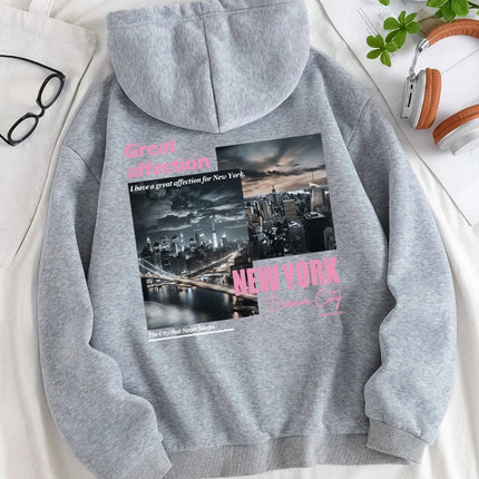 New York Dream City Printed Hoodies Casual Fashion Women Pullover Fleece Warm Pocket Sweatshirt Sporty Oversize Street Clothes