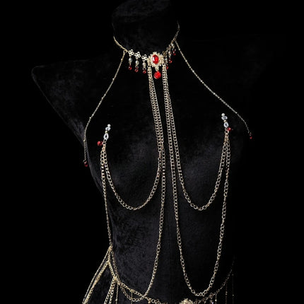 Red Gem Nipple Clamps Body Chain Integrated Sensual Body Restraint Sexy Accessories Breast Clips Bell Pendants Adult Sex Toy 18+
