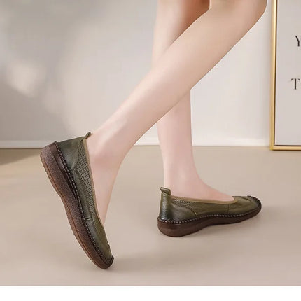 New Real Leather Perforated Ballet Flats Women's Massage Insole Slip On Moccasins Woman Hollow Loafer Casual Daily Shopping Shoe