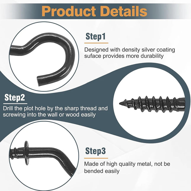 NINDEJIN Screw Hooks 1" 2" Black Heavy Duty Wood Wall Ceiling Hooks Plant 1/2" 3/4" Jewelry Hooks for Hanging String Lights