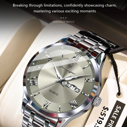 POEDAGAR Luxury Fashion Men Clock Waterproof Luminous Date Week Man Wristwatch Sports Stainless Steel Quartz Men's Watches Reloj