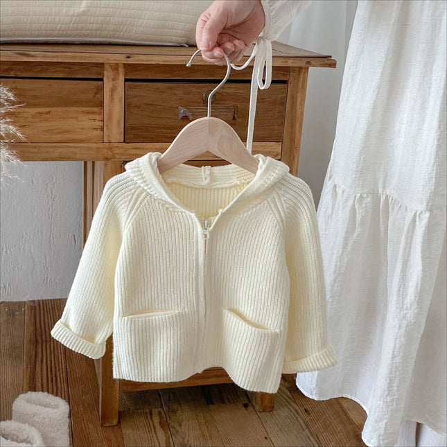 New Spring Autumn Toddler Girl Boy Sweater Coat Knit Hooded Cardigan Long Sleeve Top with Pockets Warm Casual Outerwear A5336