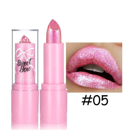 Pink Luxurious Metallic Glitter Lipstick Lasting Waterproof Shimmery Pearl Sparkling Hydrating Lipstick Women Makeup Cosmetic