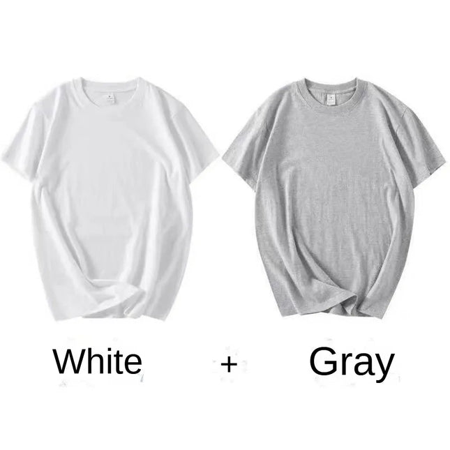 2PCS 100% Cotton Solid T-Shirts Men's and Women's Short Sleeve White Tees Casual Breathable Loose Round Neck T-shirt Couple Tops