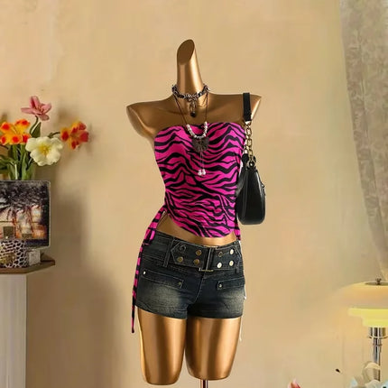 Cropped top - Women's summer vacation pleated lace-up leopard print vest, sleeveless zebra print top, pink zebra print top,