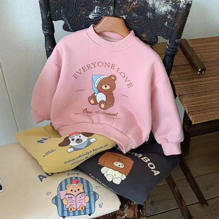 Children Thick Plush Sweatshirts 2-8 Years Old Boy Cartoon Printed Pullover Shirt Winter Girls Fashion Multi Colored Thick Top