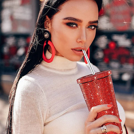 500ml Diamond Thermos Bottles Straw Cup With Lid Rhinestone Stainless Steel Double Layer Thermos Cups Glitter Cup Water Bottle