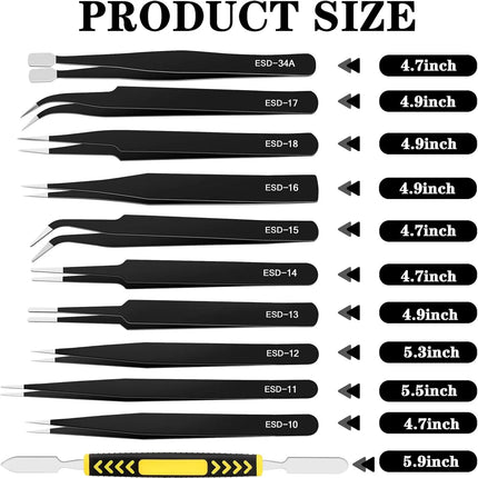 Precision ESD Anti-Static Tweezers Tool 6-10pcs Stainless Steel, 1.5MM Thick, for Electronics Repair Craft Modeling DIY Nail Art