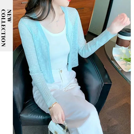 Slim Fit Knitted Long Sleeve Short Cardigan Women's Summer New Style Korean Version Thin Outerwear Pure Color Sun Protection Shi