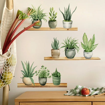 Fresh Green Potted Plant Shelf Stickers, Background Wall Decoration Living Room and Bedroom Self-adhesive Wall Stickers