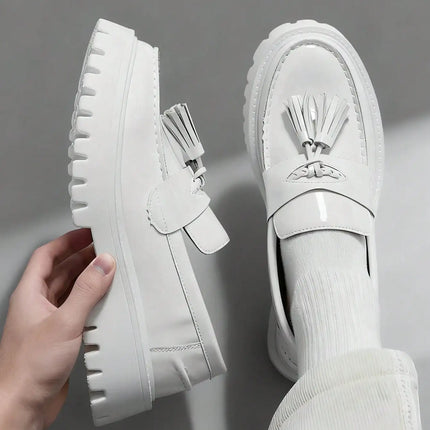 Fashion Tassel Thick Sole Leather Men's Shoes Loafers Slip-On Business Dress Shoes For Gentleman Glossy Formal Party White Shoes