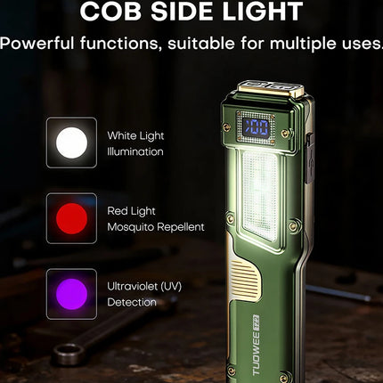 EDC Tactical Flashlight - 2000LM Dual LED, USB-C Rechargeable, COB Side Light with White/Red/UV, LCD Display, Magnetic Clip