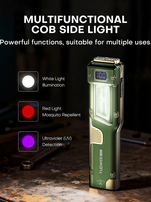 EDC Tactical Flashlight - 2000LM Dual LED, USB-C Rechargeable, COB Side Light with White/Red/UV, LCD Display, Magnetic Clip