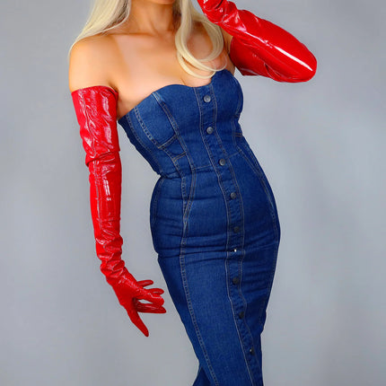 DooWay Women's Patent Leather Gloves Sexy Shine Red Wet Look Latex Faux PU Wedding Role Play Costume Cosplay Evening Party Glove
