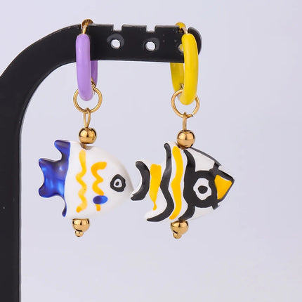 1Pair Trendy Ceramic Hand-painted Tropical Fish Y2K Girl Hoop Earrings Cute Sea Animal Conch Shell Summer Women Aretes Jewelry