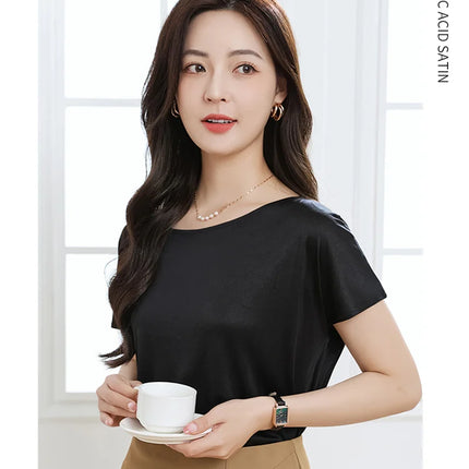 Summer women's short sleeved acetate fabric high-end knitted women's T-shirt thin European style hot selling women's T-shirt