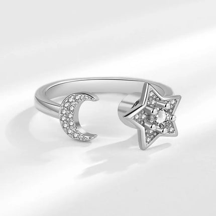 VENTFILLE 925 Sterling Silver Moon And Stars Zircon Rotatable Ring For Women Gift Diamond Relieve Stress Ring Jewelry Wholesale