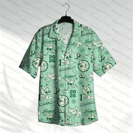 Poke-mon Kanto 2026 Hawaiian Shirt Men Women Shirt Pikachu Anime Summer Beach Button Up Casual Short Sleeve Kids Shirt Tops