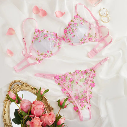 Bra Brief Set Woman 2 PCS Lingerie Sexy Floral Embroidery Underwear Mesh Intimate Transparent Lace Short Skin Care Bralette Kits
