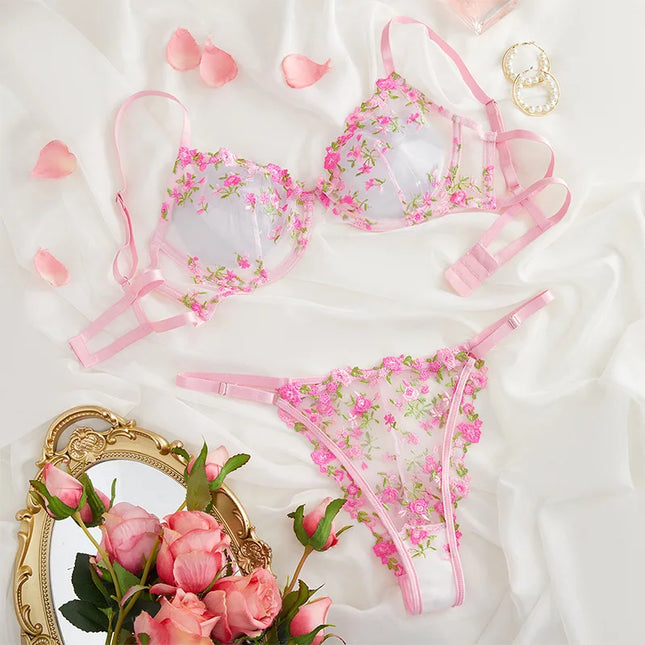 Bra Brief Set Woman 2 PCS Sexy Lingerie Floral Embroidery Underwear Mesh Intimate Transparent Lace Short Skin Care Bralette Kits