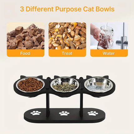 Elevated Black Cat Ear 3 Bowl Cat Feeder Solid Wood Frame and Stainless Steel Bowls Pet Feeding Rack for Indoor Multiple  Cats