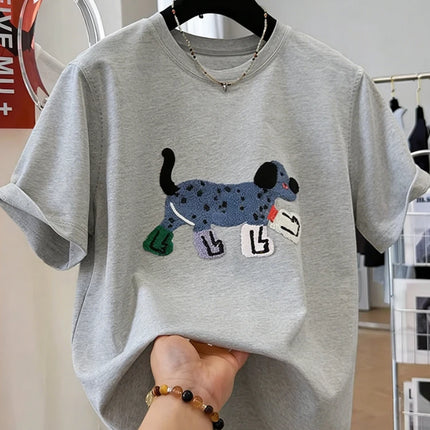 Women T-Shirts Loose Streetwear Unisex Fun Dog Embroidered Short Sleeve Cotton Girl Tees Female Top Summer 2026
