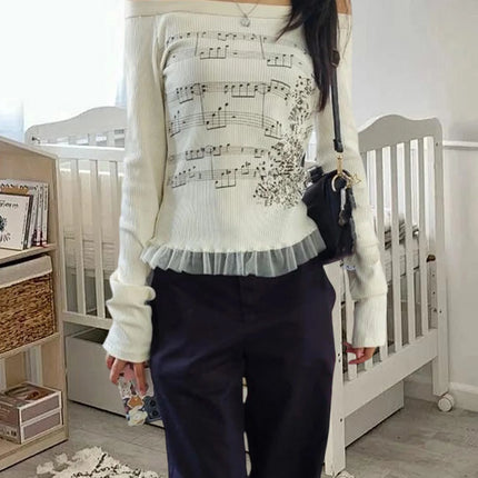 Y2K Aesthetic Fairy Off Shoulder Tops Women Long Sleeve Music Note Print Slim Fitted T-Shirt Ruffle Blouse Clothes