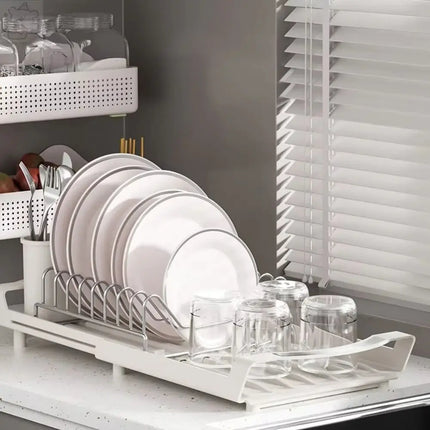 Extendable Dish Drying Rack Space Saving Hollow Design Utensil Storage Holder Dinnerware Organizer Large Capacity Draining Tray