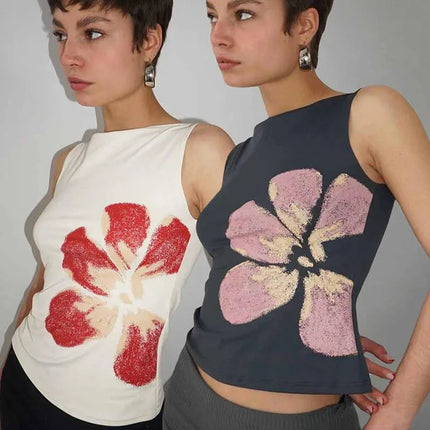 Women's Flower Print Crop Tank Top Fitted Boat Neck Sleeveless Summer Top for Party Club 2025 New Fashion