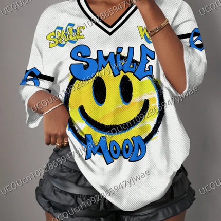 NO.66 Casual Smiling Face Letter & Numeral Print Short Sleeve Sports T-Shirt For Women Summer  Mesh T-shirt Tops