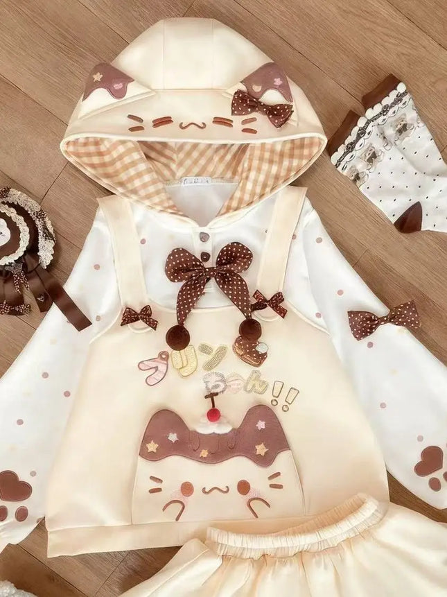 Japanese Style Soft Cute Strawberry Caramel Pudding  Print Fleece Lined Oversize Plaid Hoodie for Girls Autumn Winter