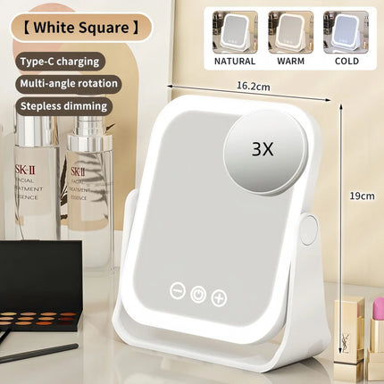 LED Makeup Mirror, Portable Flip Lighted Vanity Mirror with Touch Dimming, 3X Magnifier and Rechargeable Design for Desk
