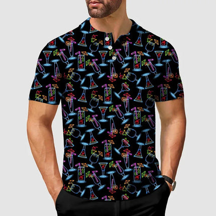 Beer Lover Funny Golf Polo Shirt Men's Clothing Short Sleeve Shirts 3D Full Print Neon Wine Pattern Hawaii Casual Fashion Top