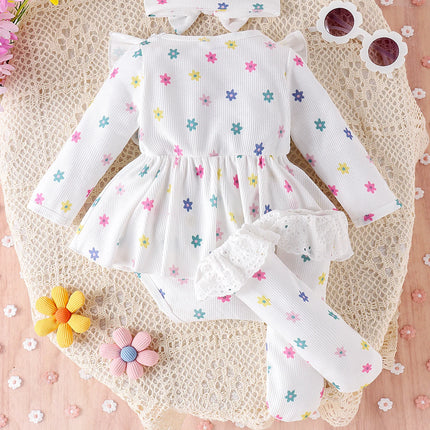 3PCS Autumn New Style 0-1 Year Old Newborn Girl Baby Sweet And Cute Printed Long-Sleeved Clothes + Socks Hair Bands