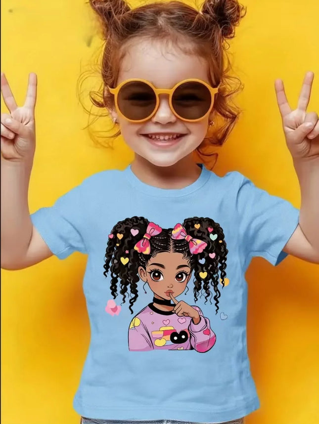 Girls' Summer Crew-Neck Short-Sleeved Top New Black Girls Cute Top Girls Clothes Cartoon Print T-Shirt Top Children's Clothing
