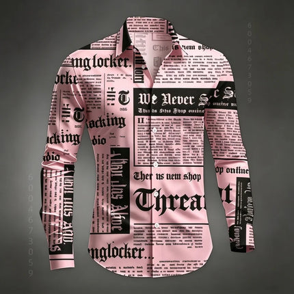 Men's Shirt Long Sleeved Shirt Newspaper Letter Print Retro Casual Single Breasted Shirt Street Style Trendy Men's Top XS-6XL