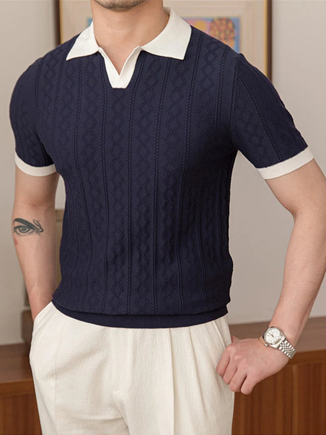 Korean Fashion Jacquard Short Sleeve Polos Tshirt For Men Business Casual Patchwork Knitted Polo T-shirts Y2K Vintage Tee Tops