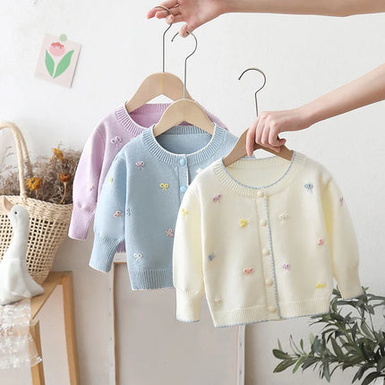 Girls Sweet Cute Embroidery Butterfly Long Sleeve Soft Warm Knitting Cardigan Kids Children Sweaters Three Colors