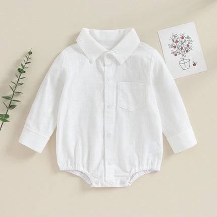 Pudcoco Infant Baby Boy Gentleman Romper Solid Color Long-Sleeved Lapel Front Button Jumpsuit with Pocket Toddler Clothes 0-24M