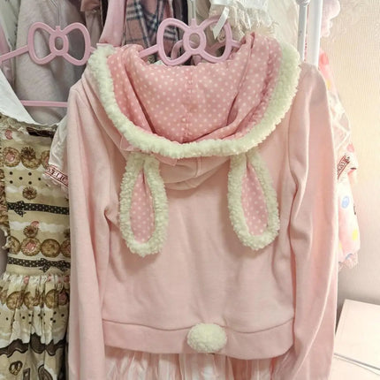 sweet Cute Kawaii Lolita Bunny Ear Hoodie - Fuzzy Trim Lace Trimmed Zipper Pom-Pom Bow Pockets Pink Zip-Up Casual Cute Jacket