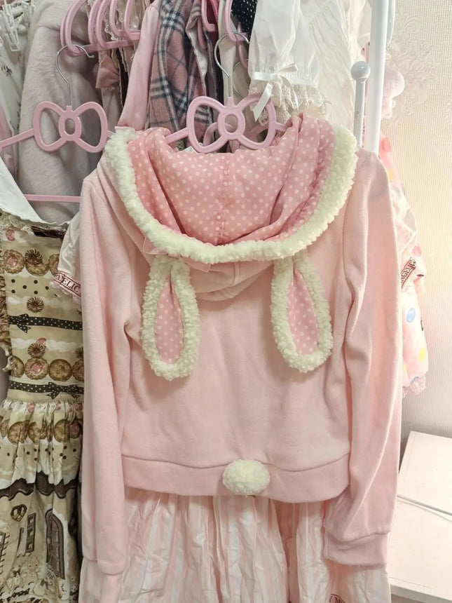 sweet Cute Kawaii Lolita Bunny Ear Hoodie - Fuzzy Trim Lace Trimmed Zipper Pom-Pom Bow Pockets Pink Zip-Up Casual Cute Jacket
