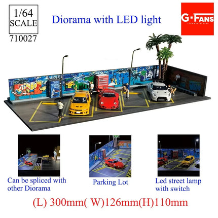 1:64 Scale Miniatures Building Scene Car Parking Lot Model Lighting Version Car Garage Diorama Models Simulation Collection Gift
