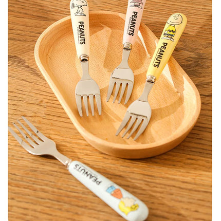 Genuine 2Pcs Cute Cartoon Snoopy Stainless Steel Spoon Ceramic Handle Spoon Fork Children's Tableware