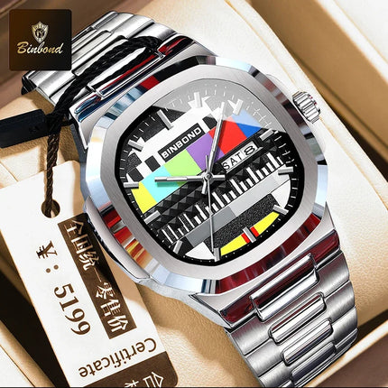 BINBOND Creative TV Dial Men's Watches New Fashion Original Retro Design Luminous Quartz Wristwatch For Man With Calendar Week