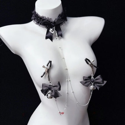 Black Lace Nipple Clamps Bell-Adorned Bow Collar SM Set Leash Training Sexy Accessories for Women Fetish Adult Sex Toys 18+