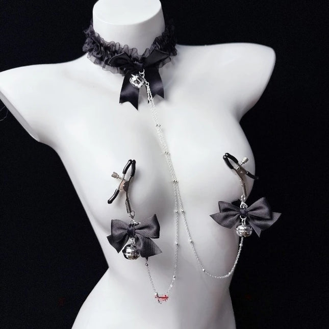 Black Lace Nipple Clamps Bell-Adorned Bow Collar SM Set Leash Training Sexy Accessories for Women Fetish Adult Sex Toys 18+