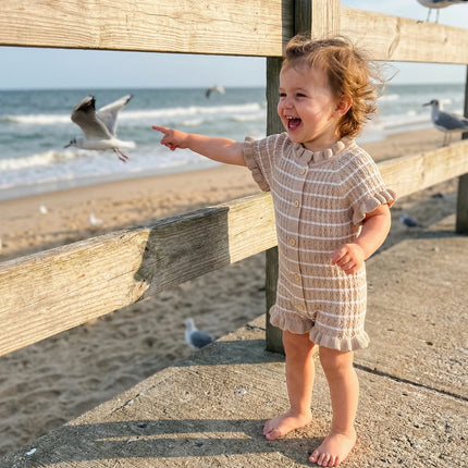 FOCUSNORM 0-24M Lovely Baby Girls Boys Summer Knit Romper Ruffle Trim Short Sleeve Button-up Jumpsuit Newborn Bodysuit