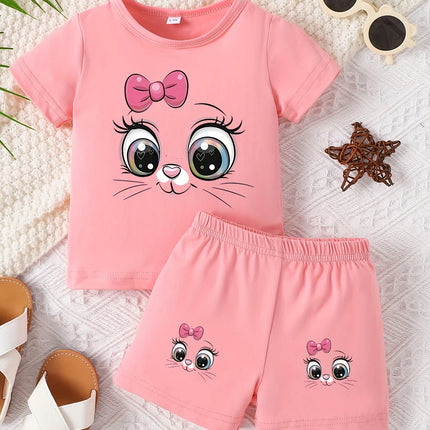 0-3 year old baby girl round neck short sleeved cute cartoon cat pattern top simple shorts two-piece set for spring and summer