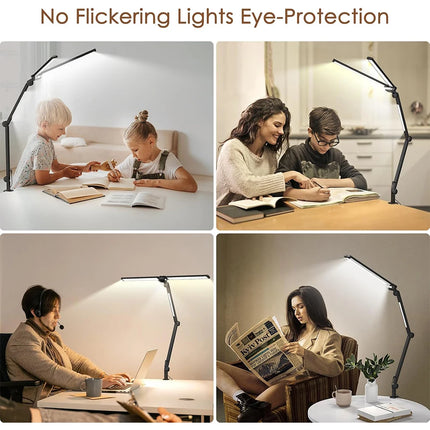 24W LED Clip Desk Lamp with Remote Control Rotatable 3 Head Stepless Dimming Eye-Caring Reading Desk Lamp for Office PC Studying