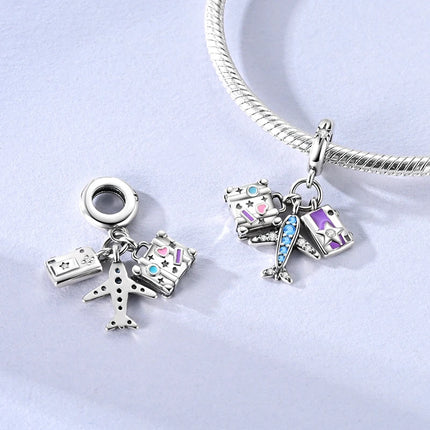925 Sterling Silver Travel Passport Trunk Charms Fit Original Bracelet Diy Airplane Earth Beads for Jewelry Making Gift